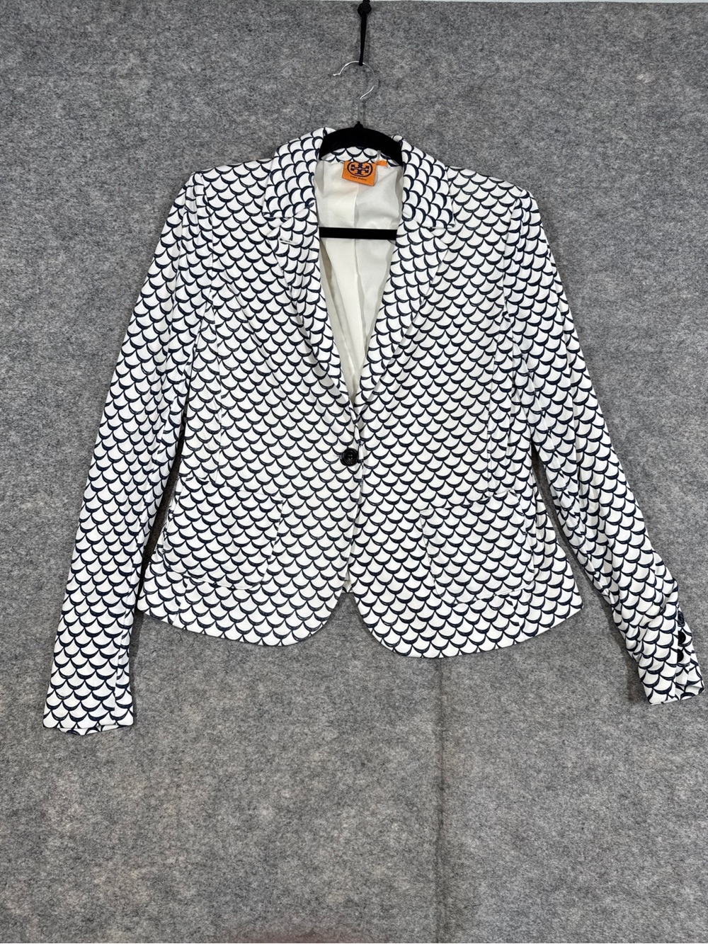 Tory Burch Scallop Print Blazer White Navy Medium Preppy Career Jacket Office